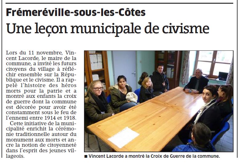 Une runion sur la citoyennet avec les jeunes de Frmerville, anime par le Maire, Vincent lacorde, le 11 novembre 2015