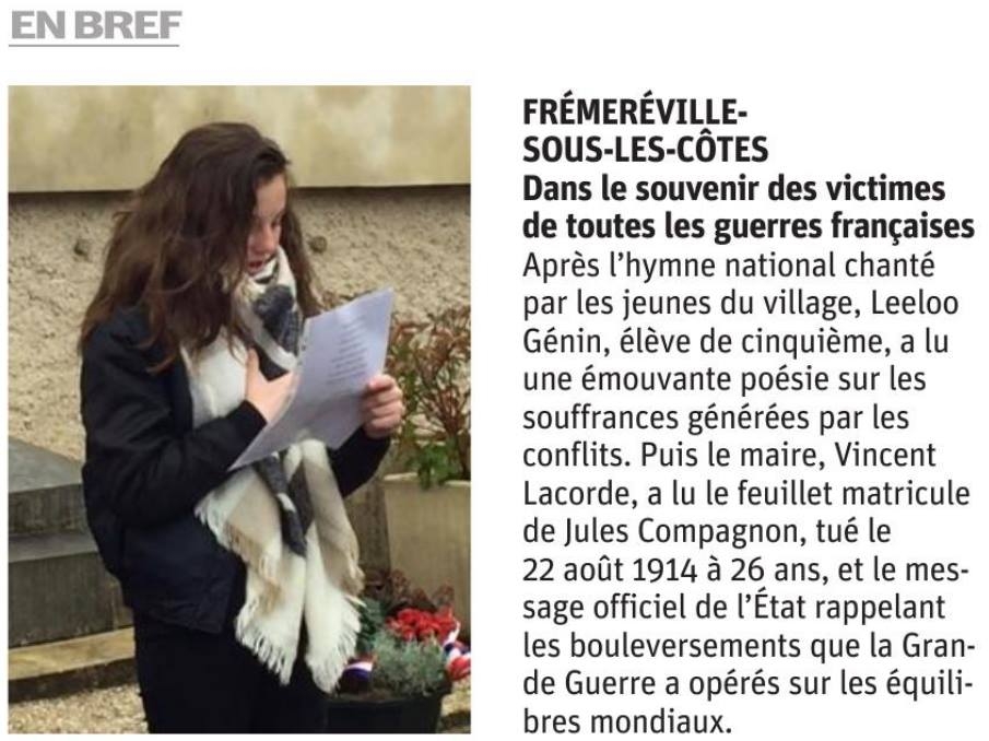 Leeloo Gnin lit un texte lors de la crmonie du 11 novembre 2017  Frmerville-sous-les-Ctes