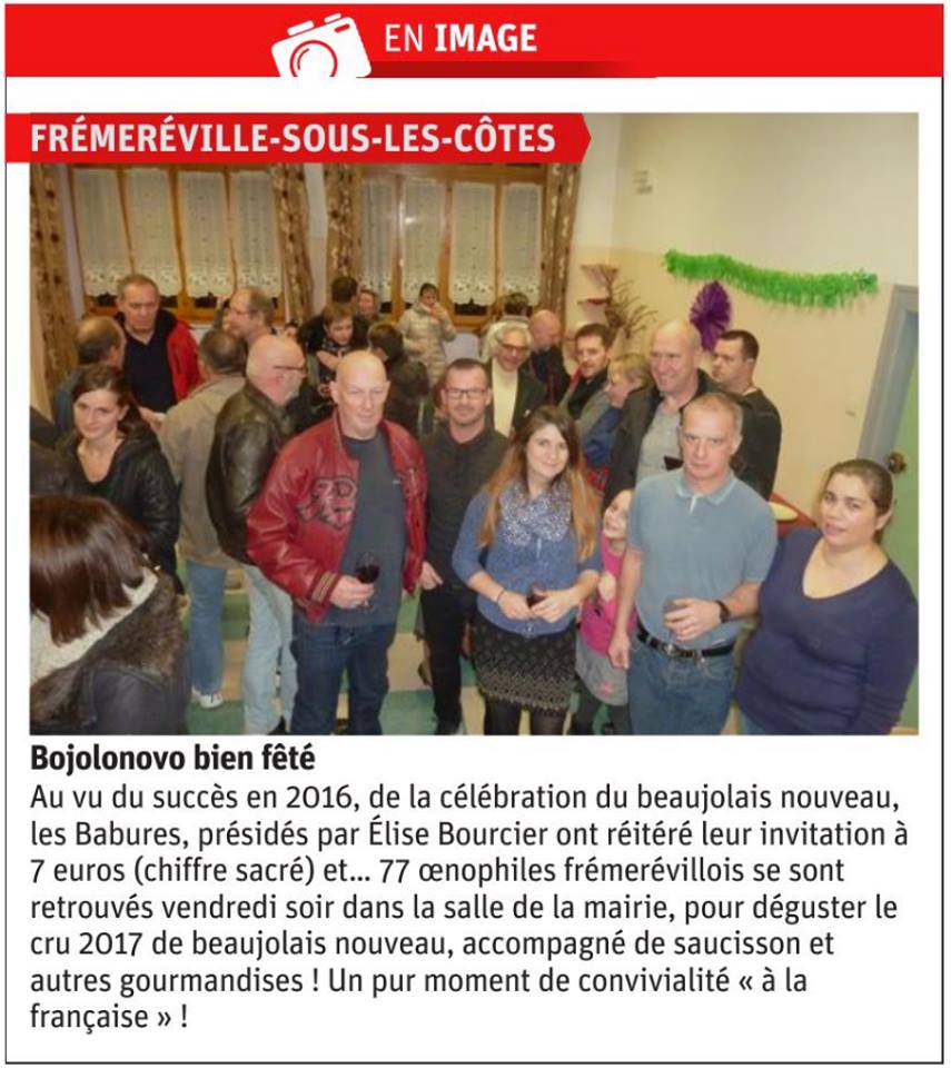 le beaujolais nouveau arrive  Frmerville-sous-les-Ctes, photo de la prsidente des Babures, Elise Bourcier, du trsorier, Jessy Gnin et du secrtaire Michel Minguin. Est Rpublicain du 20 novembre 2017