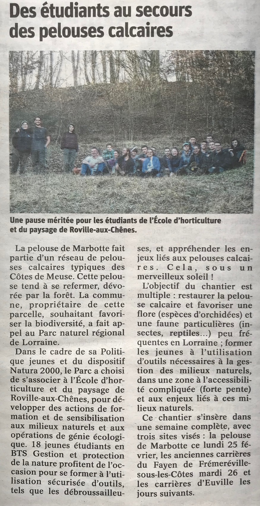 les lves de l'cole d'horticulture de Roville-aux-Chnes nettoient la pelouse calcaire de Frmerville-sous-les-Ctes
