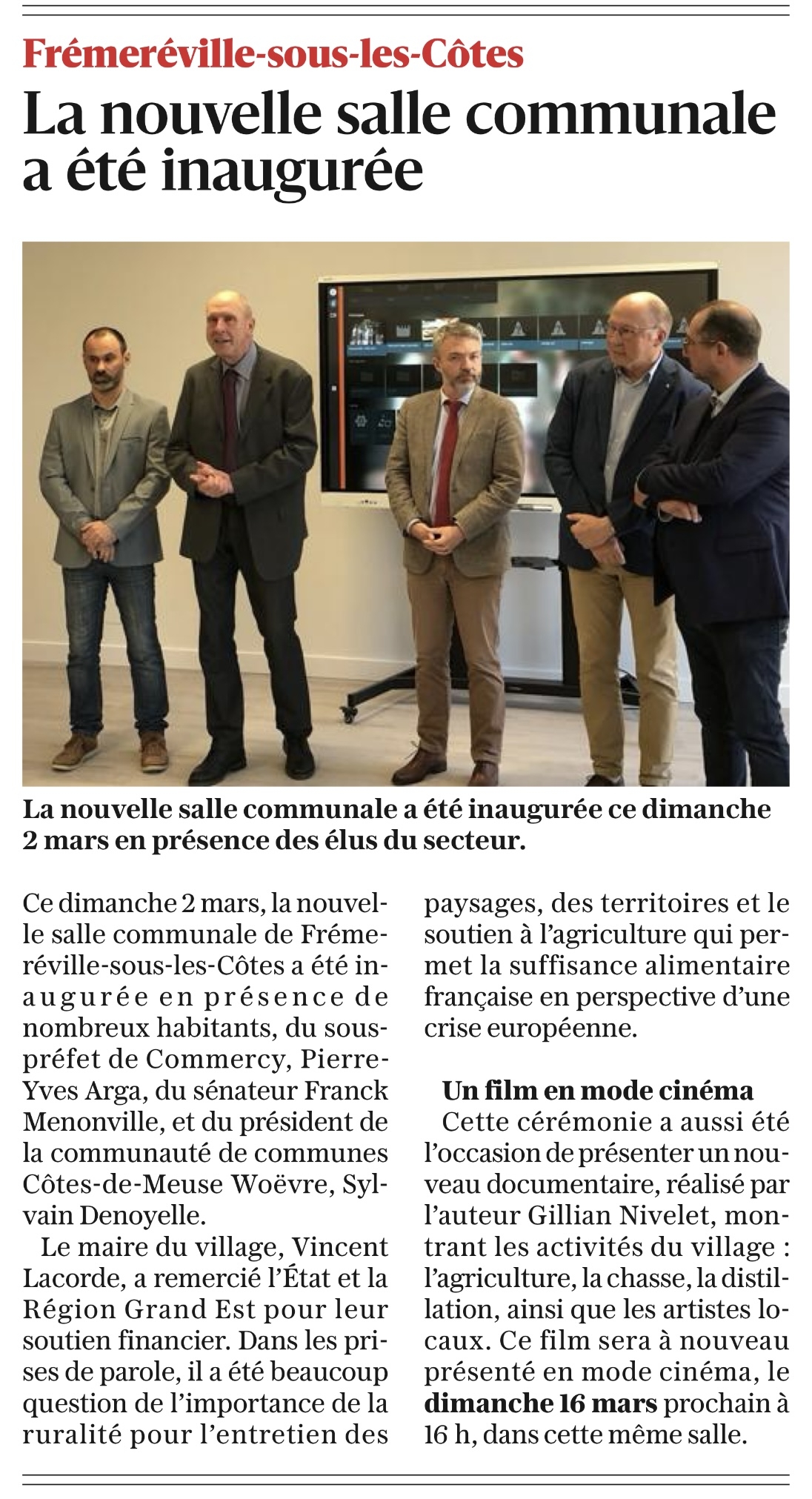 Inauguration de la salle communale de Frmerville-sous-les-Ctes avec le maire Vincent lacorde, l'adjoint Pierre Carr, Sylvain Denoyelle, Franck Menonville, le sous-prfet Pierre-Yves Argat